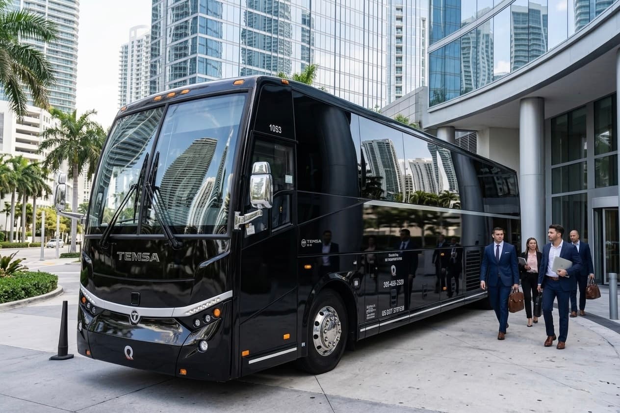 Corporate team boarding a Miami Bus Company vehicle for a multi-stop business day